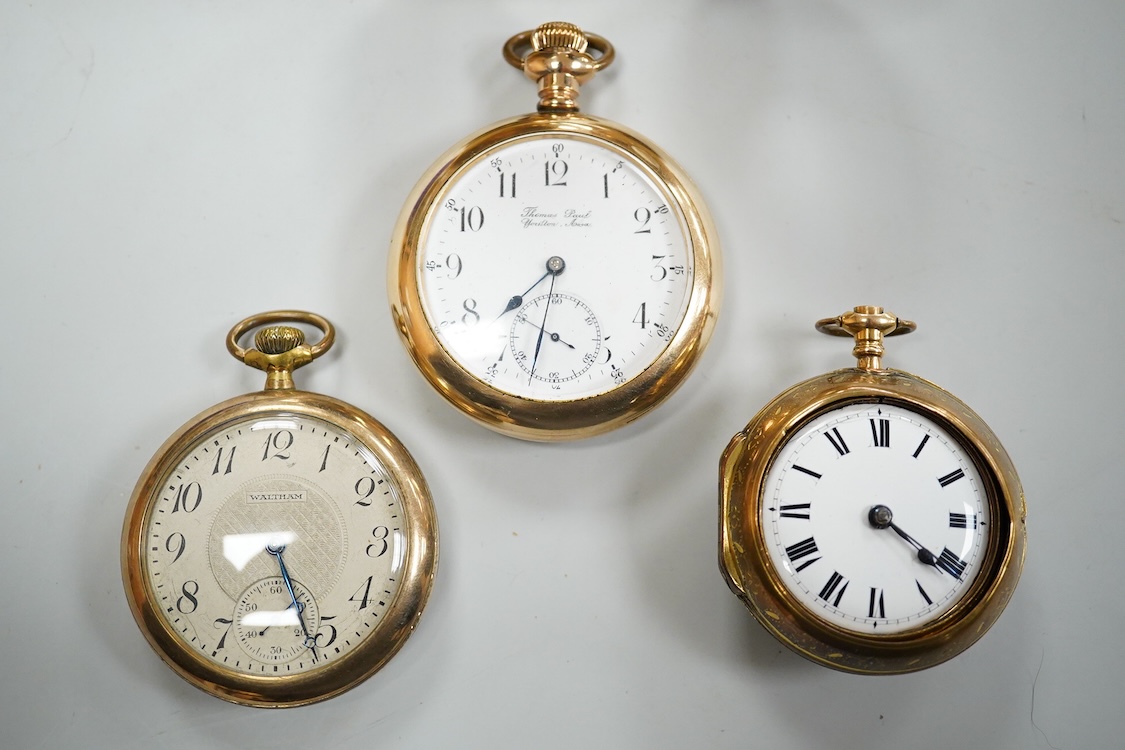 An early 19th century gilt metal pair cased keywind verge pocket watch by Matthew Derbyshire of Wakefield, with Roman dial, outer case diameter 48mm, lacking glass, together with four assorted gold plated pocket watches